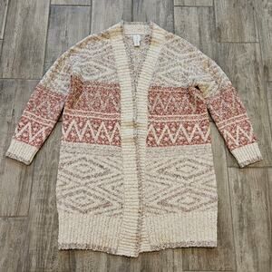 Joie Sweater Women M Aztec Southwestern Wool Blend Longline Duster Open Cardigan